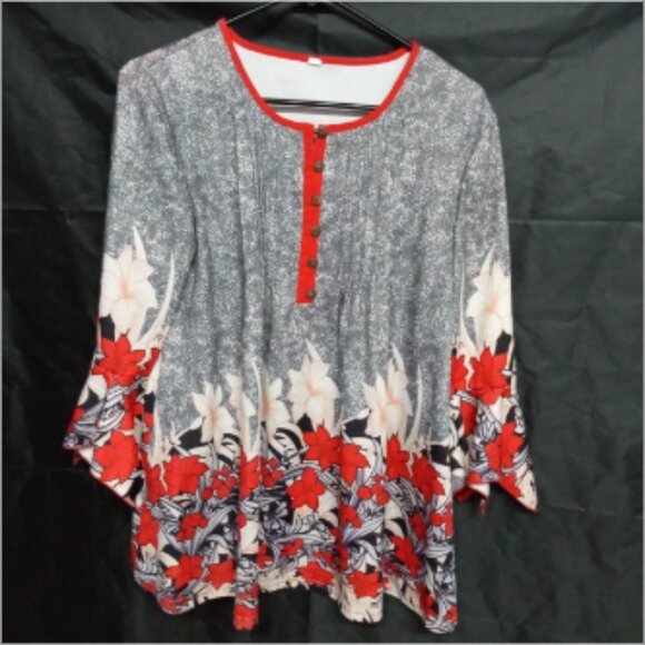 Tops - Women's Floral Red black & Gray /Flare Sleeve Bohemian Blouse.